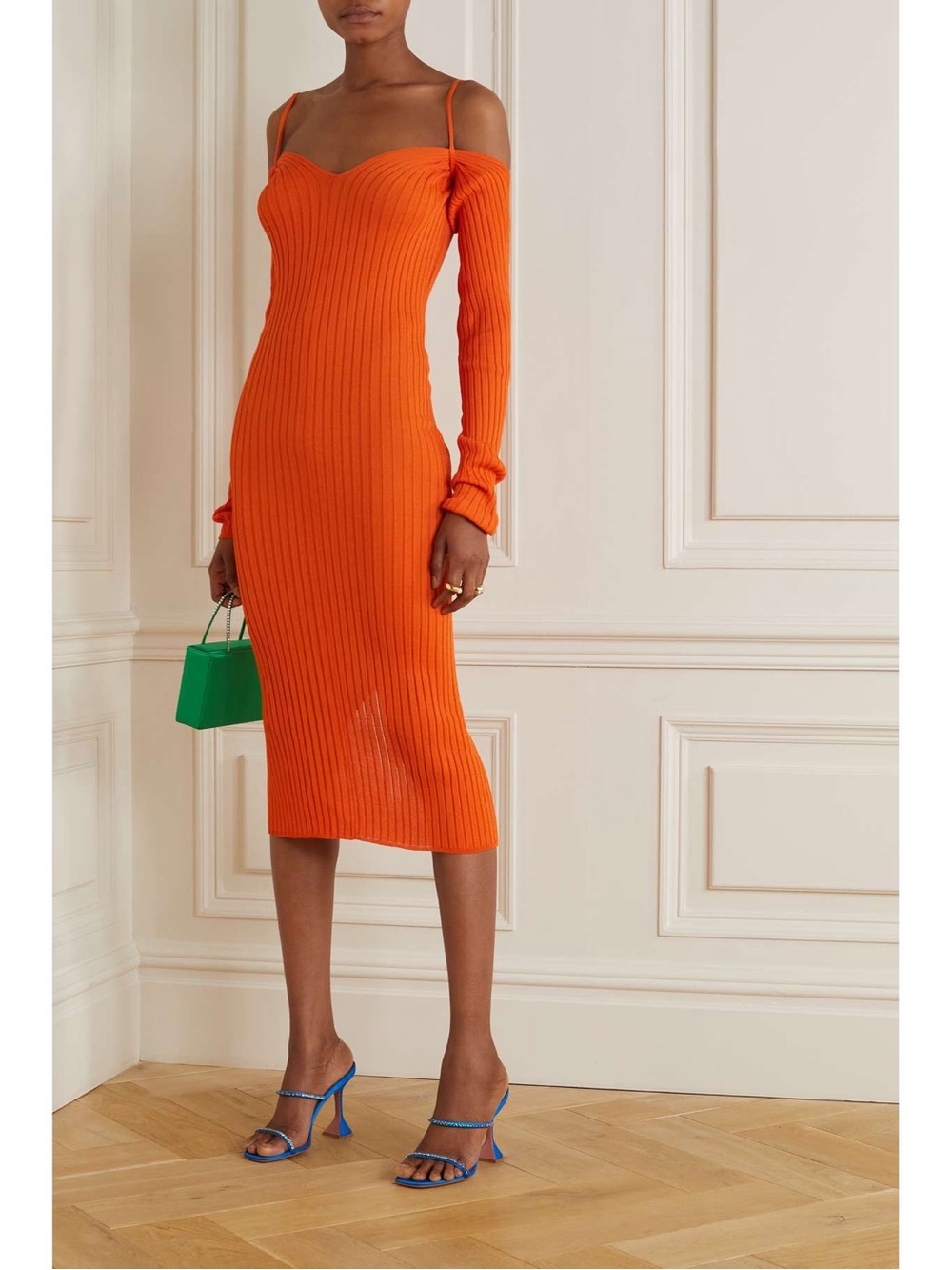 IOANNES Women’s Billowy cold-shoulder ribbed-knit midi dress in Orange Size XS